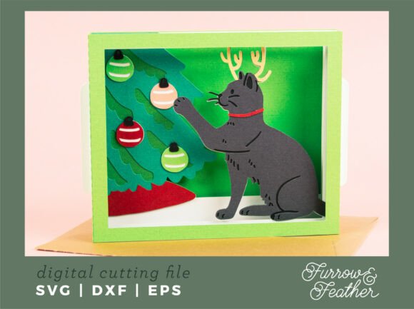 Cat with Tree Card: 3D Christmas SVG
