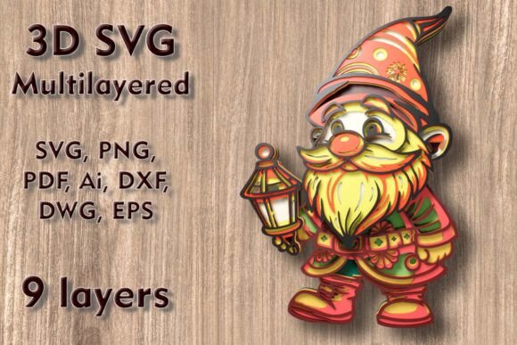 Gnome with Lantern 3D SVG Multilayered
